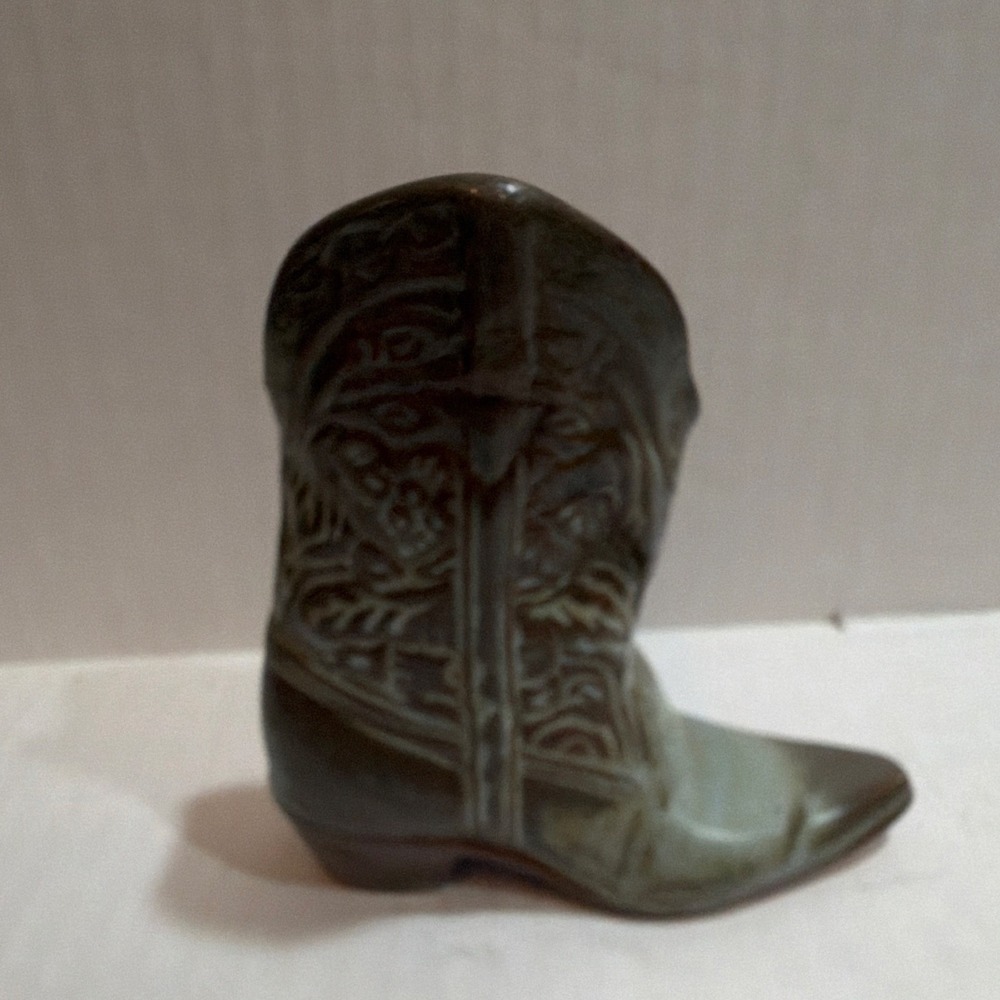 Frankoma/Gracetone 134 Cowboy Boot Vase, Brown/Green  Ceramic Pottery 4 1/2 in